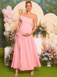 Loomaby Maternity Pink Elegant Summer Wrap Dress,One Shoulder Asymmetric Waist Tie Pregnant Dress For Baby Shower,Gender Reveal & Pregnancy Photoshoot - Pink - View 3