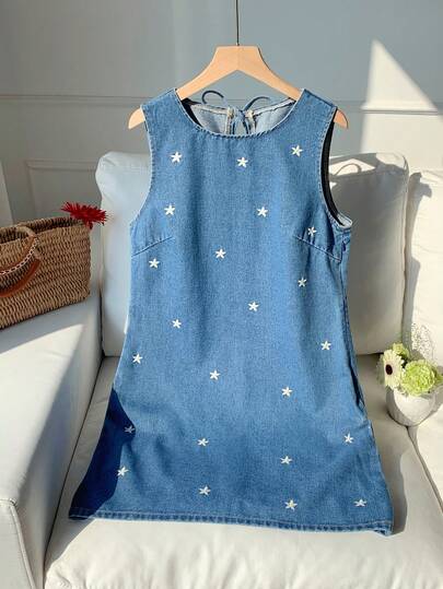 Comfortcana Vestido vaquero casual, holgado, sin mangas, de cuello redondo con bordado de margaritas para mujer