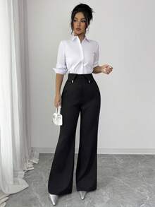 Modelyn Women's Casual Office Golf Commute Solid Color Rhinestone Decor Foldover Waist Flare Pants Pastal Autumn - Black - View 4