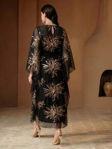 Anewsta Vestido solto com bordado elegante e cintura marcada, ideal para primavera e verão, ocasiões elegantes, Dia dos Namorados, Carnaval, festas, com lantejoulas e para casamentos. Cor: Preto. - Preto - Ver 7