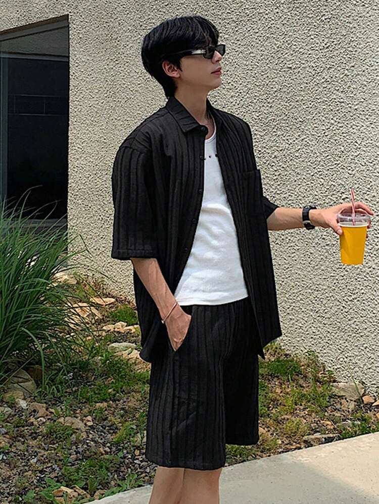 Men's Black Short Sleeve Shirt And Shorts Set, Summer