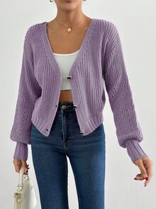 SHEIN Cottnline Casual Solid Color Drop Shoulder Cardigan, Autumn - Lilac Purple - View 4