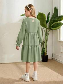 SHEIN Tween Girl Solid Color Round Neck Long Sleeve Pleated Mini Casual Dress,Kids - Mint Green - View 3