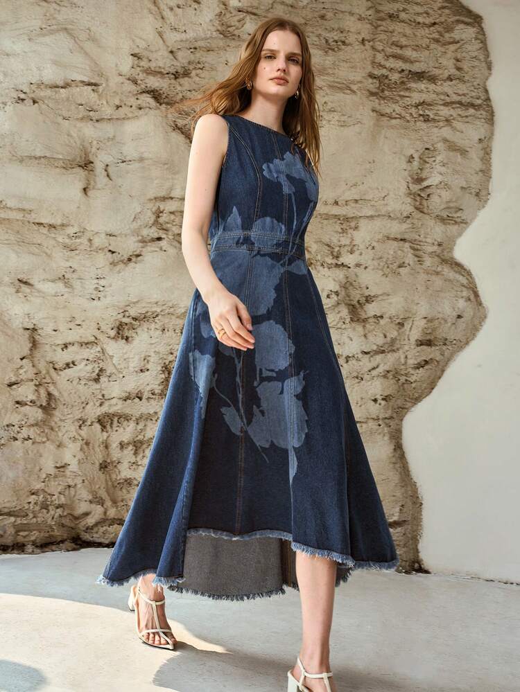 WOMEN'S AUTUMN/WINTER DENIM MIDI DRESS WITH ASYMMETRIC HEM AND FLORAL PRINT
