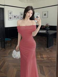 Modelyn Women's Off Shoulder Ruched Waist Elegant Wedding/Occasion Dress - Coral Pink - View 3