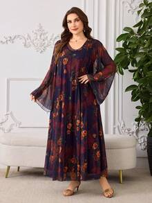 Al Najma Robe maxi ample à manches longues, col V, imprimé floral, style décontracté, pour le printemps/été, grande taille, pour femmes, style arabe - Multicolore - Voir 6