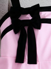 SHEIN Tween GirlsSweet & Cool Contrast Color 3D Bow Decor Sleeveless Wide Leg Jumpsuit, Casual Wear & Party, Spring/Summer Girls Summer Jumpsuit Bow Detail Jumpsuit Pink Jumpsuit Girls Kids Fashion Jumpsuit Jumpsuits For Girls Pink Jumpsuit For Girls - Pink - View 3