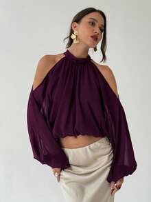 Aloruh Women's Elegant Pleated Lantern Sleeve Cropped Top, Summer - Purple - View 4