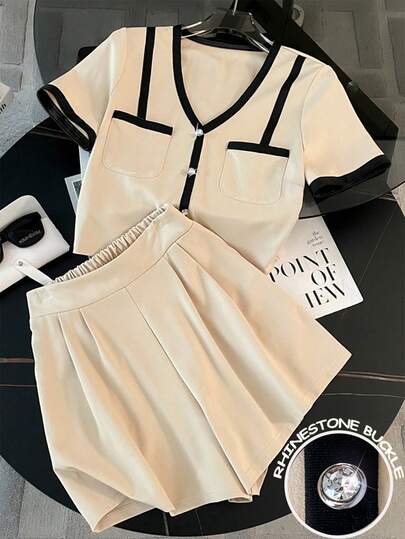 GlowEve 女士夏季休闲/办公撞色滚边V领拼接口袋短袖上衣和褶皱短裤两件套