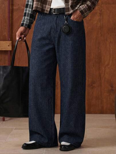 SWAVVY 条纹直筒宽松休闲牛仔裤，带腰带环，细条纹男士藏蓝色细条纹裤