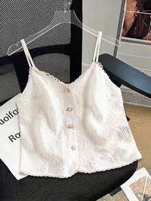 GlowEve Lace Crochet Cami Top With Pearl Buttons, V-Neck Sleeveless Top, Gentle Style, Slim Fit, Suitable For Dates, Commuting, Inner Or Outer Wear - Beige - View 3