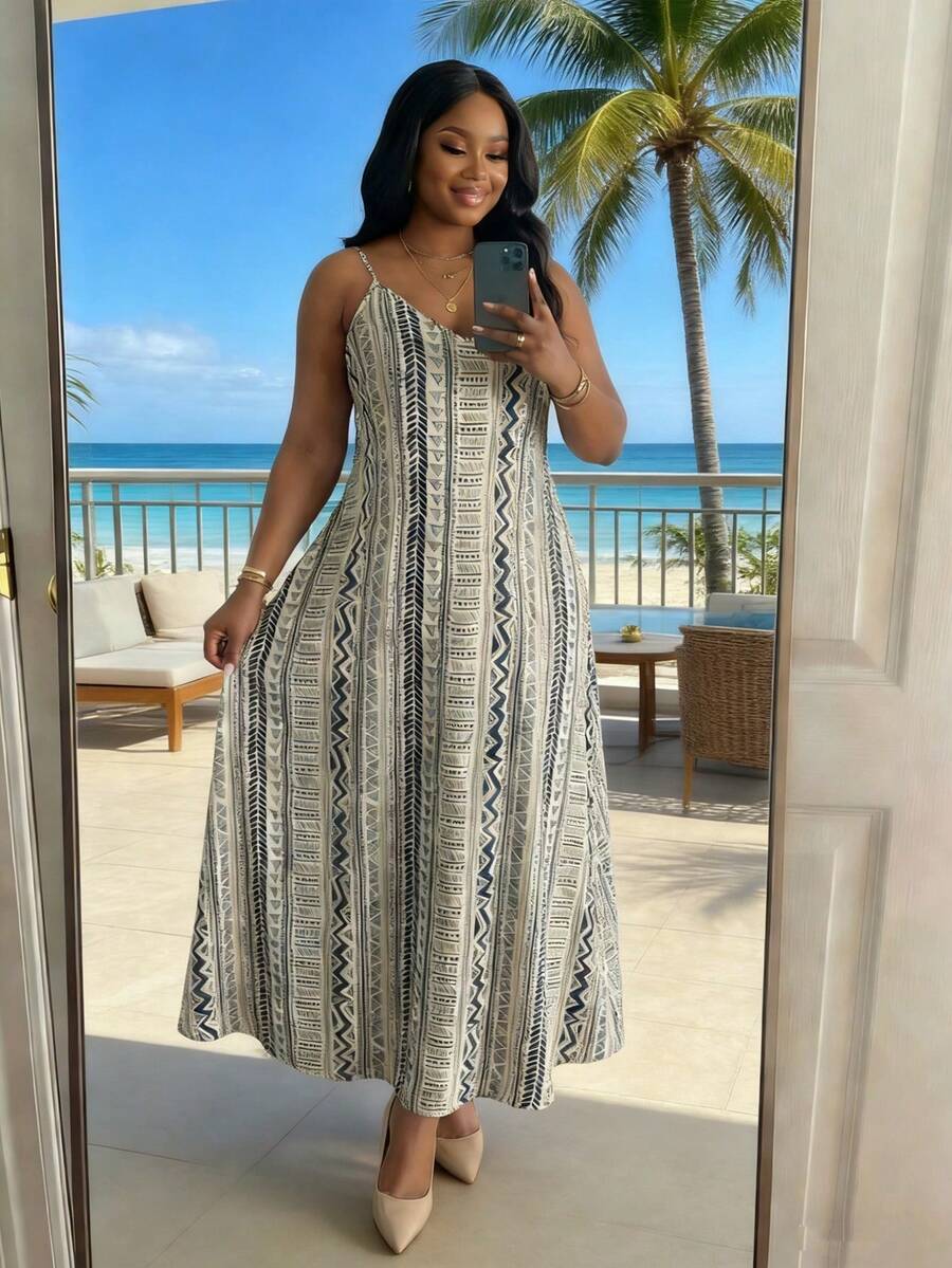 SHEIN Lady CURVE Vestido casual holgado con tirantes y estampado geométrico para mujer de talla grande