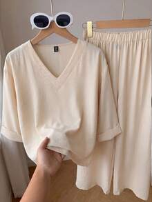 Franclia Women's Casual Apricot Plus Size Two Piece Co-Ord Drop Shoulder Tee And Wide Leg Pants Set - Apricot - View 10