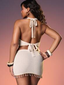 MISSGUIDED Crochet Mini Skirt With Beaded Shell Fringe Boho Festival Summer Beach Vacation - Apricot - View 3