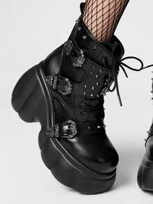 ROMWE Grunge Punk Women's Punk Style Ankle Boots, Round Toe Rivet Buckle Front Lace-Up, Hidden Wedge Heel, Versatile Boots For Short Women, Autumn/Winter 2026 New Arrival Y2K 2000s Style - Black - View 3
