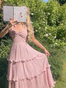 SHEIN MOD 女士纯色扭结褶皱肩部打结设计优雅收腰长款派对连衣裙 - 粉色 - 查看 3