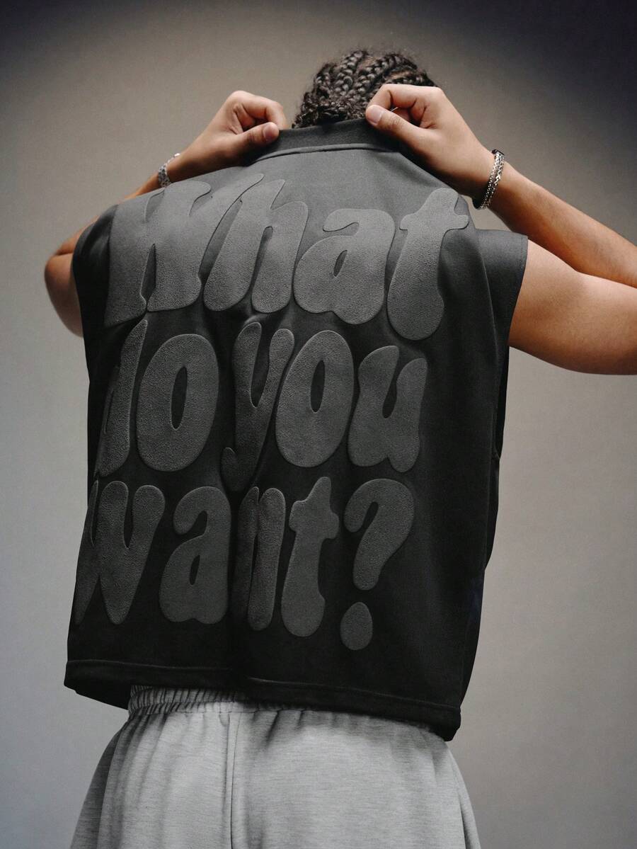 PAVTROS 男士字母印花无袖圆领背心 - 黑色 - 查看 1