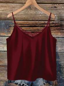 SHEIN CURVE+ Plus Size Solid Color Lace Patchwork Camisole, Going Out Tops - Burgundy - View 2