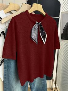 Franclia Burgundy,Autumn,Elegant,Office Casual Round Neck Short Sleeve Top,Paisley & Polka Dot Patchwork French Style Ribbed Trim Contrast Bow Collar Design - Red - View 4