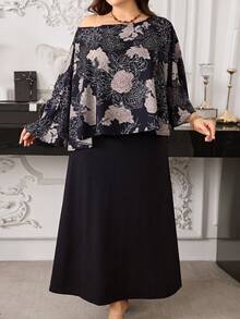 Modelyn Elegant Black Floral Print Asymmetric Shoulder Irregular Poncho Top Paired With Camisole Dress, Fashionable Plus Size Women 2-Piece Set - Black - View 5