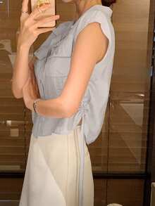 DAZY Women's Polo Collar Striped Sleeveless Blouse, Summer Design Pleated Shirt With Flared Sleeves - Baby Blue - View 3