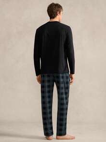 EverLounge Men's Lightweight Loose Comfortable Pajama Set - Long Sleeve Top And Plaid Pants - Olive Green - View 2