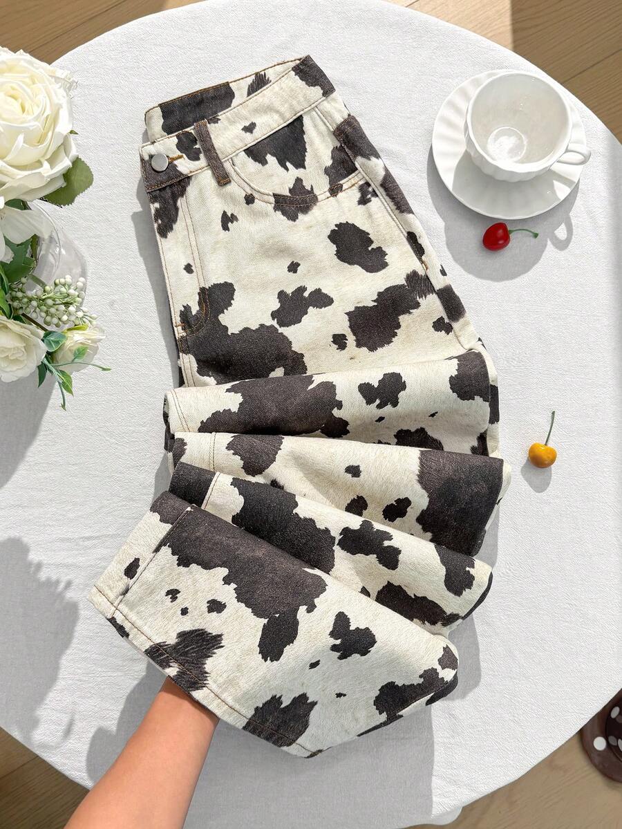 Comfortcana Quần jeans nữ dáng rộng, họa tiết da bò, có túi, ống rộng, phong cách thường ngày. - Nhiều màu - Xem 1