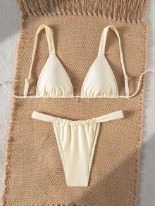 SHEIN Swim 两件套泳衣，纯色加粗肩带海星装饰三角文胸和丁字裤，性感女士夏季度假泳装 - 杏色 - 查看 6