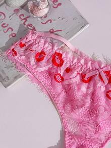 PetitDoll 女士时尚性感心形图案蝴蝶结蕾丝丁字裤 - 粉色 - 查看 9