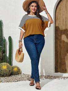 EMERY ROSE Áo thun tay cánh dơi kẻ sọc dành cho nữ cỡ lớn, thích hợp cho mùa xuân. - Màu vàng - Xem 4