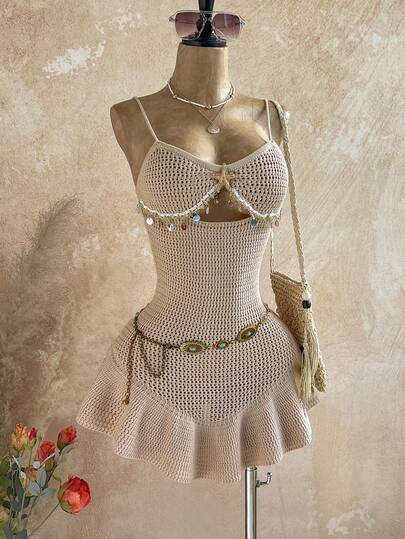 Soleia Vestido de punto con escote calado, decoración de borlas con forma de estrella de mar y volantes en el bajo, adecuado para la playa, vacaciones, cruceros, viajes por carretera, citas, tardes de té, festivales de música, estilo bohemio, resort de playa, escapadas a la isla, versátil para todas las estaciones, uso diario, estilo retro