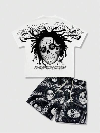 2 pezzi/set Nuova /estate 2026 Maglietta a maniche corte girocollo e pantaloncini per uomo, Completo stile Y2K da strada per donna/uomo