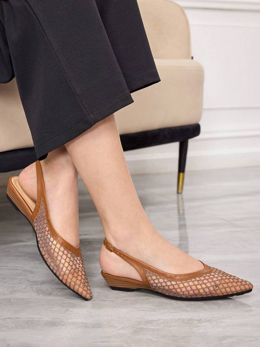 Sleekvia Women Shoes Spring And Summer New Breathable Mesh Splicing Design Pointed Toe Low Heel Slingback Shoes French Elegant Light Commuter Style Brown Mesh Women's Sandals Daily Street Dating Wear - Brown - View 1