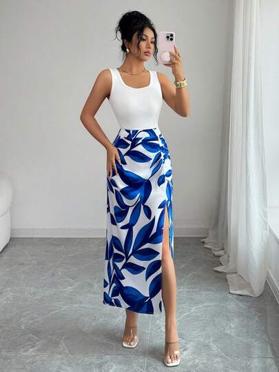 Elenzga Vestido elegante y ajustado para mujer con estampado total y abertura hasta el muslo