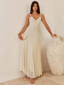 Enchnt 卡其色金属装饰褶皱优雅无袖连衣裙 - 米色 - 查看 8