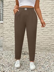 SHEIN PETITE CURVE 大码纯色褶裥口袋休闲裤 - 棕色 - 查看 4