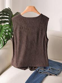 CosyJoli Atasan Wanita Ukuran Besar Model V-Neck Kancing Tunggal Kasual Serbaguna untuk Pemakaian Sehari-hari - Coffee Brown - View 2