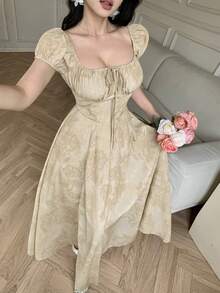 DAZY Đầm nữ tay ngắn cổ vuông, chất liệu vải nhuộm tie-dye, thắt eo, kiểu dáng thanh lịch, thích hợp cho mùa hè. - Nhiều màu - Xem 6