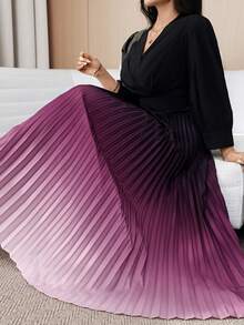 Modelyn Plus Size Elegant Commuter Ombre Pleated Hem Dress - Multicolor - View 5