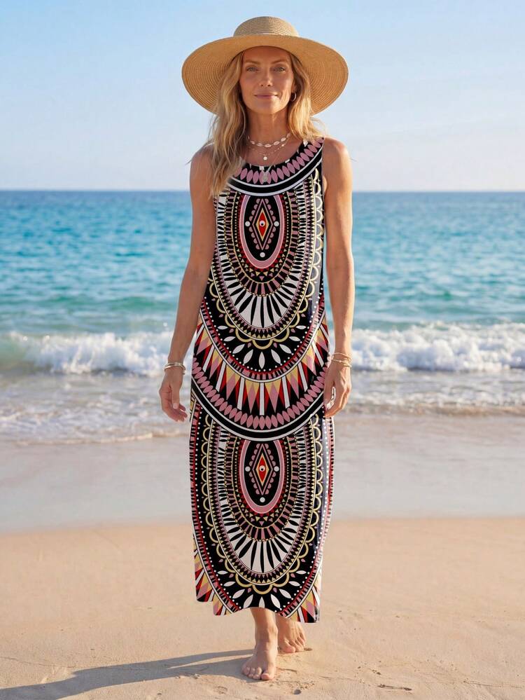Casual Vintage Print Loose Dress For Women, Suitable For Summer,Bohemia Chic Dress
