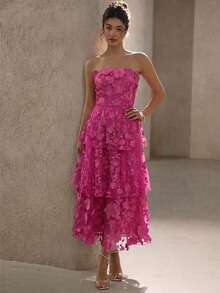 BELROSIE Solid Color Luxurious High-End Party Floral Strapless Dress, Suitable For Spring And Summer - Hot Pink - View 5
