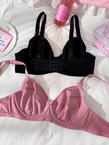 SHEIN 2pcs Plus Size Women Solid Color Cute Wireless Bra Set - Multicolor - View 2