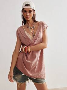 Bohemela Áo thun nữ cổ chữ V màu trơn dáng rộng, chất liệu vải mài, kiểu dáng thường ngày. - trái cam - Xem 1