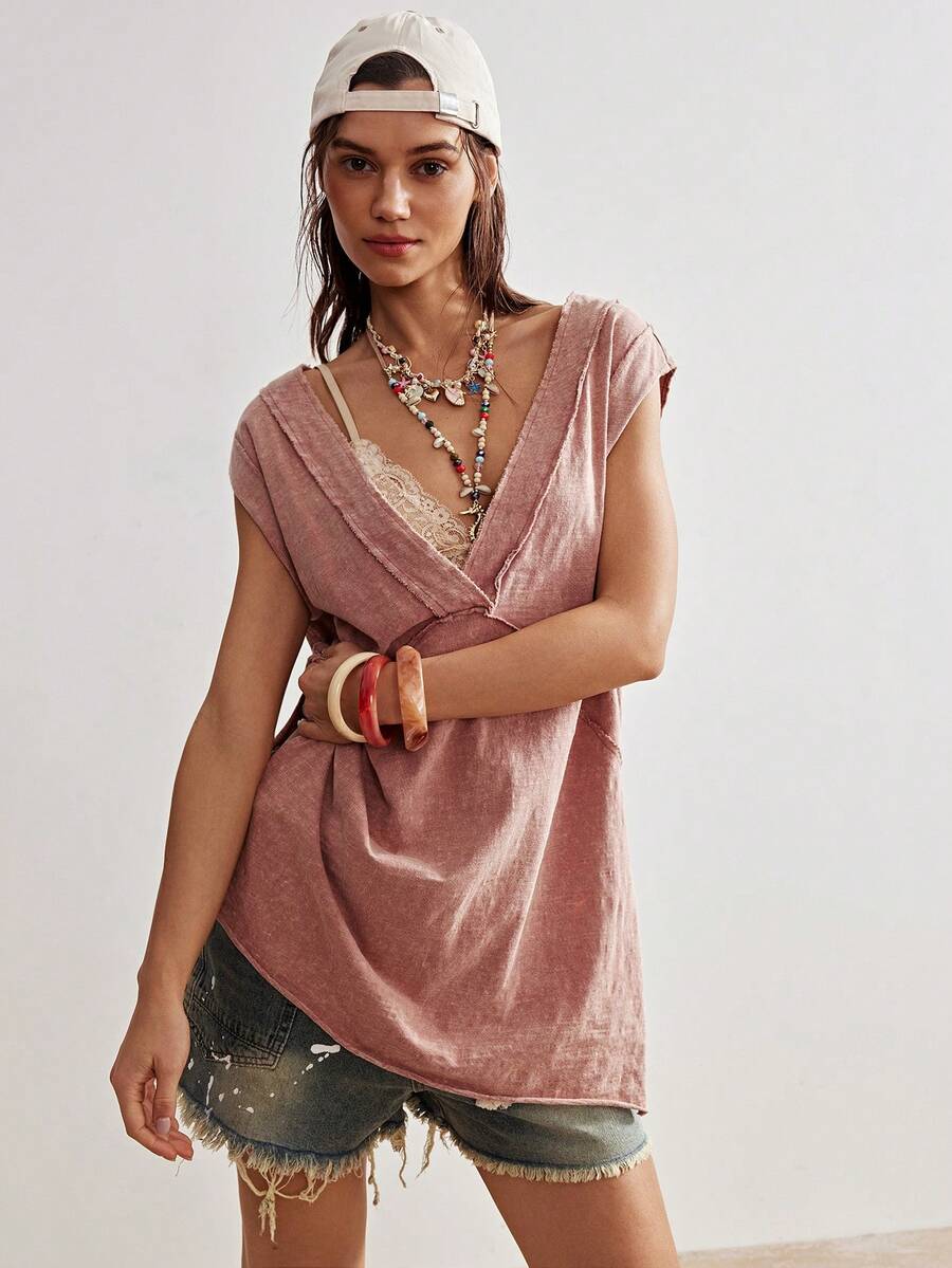 Bohemela Áo thun nữ cổ chữ V màu trơn dáng rộng, chất liệu vải mài, kiểu dáng thường ngày. - trái cam - Xem 1