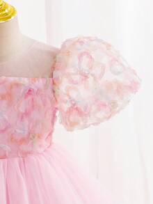 Glamorique Kids 女童花朵花童礼服，3D花瓣袖粉色薄纱公主裙，优雅适合派对、婚礼、庆典 - 粉色 - 查看 7