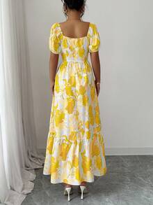 Elenzga 印花收腰方领花瓣袖女式连衣裙 - 黃色 - 查看 2
