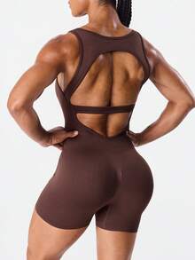 Dewbera Women's Elastic Crew Neck Sleeveless Seamless Backless Jumpsuit, Summer - Coffee Brown - View 2