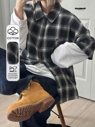 FRIFUL Women's Plaid Black & White Loose Casual Oversized Blouse, Suitable For Spring & Summer