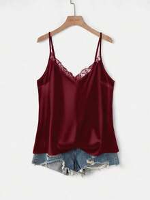 SHEIN CURVE+ Plus Size Solid Color Lace Patchwork Camisole, Going Out Tops - Burgundy - View 6