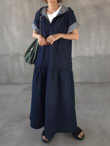 FRIFUL 女士休闲宽松短袖连帽牛仔连衣裙，夏季 - 藍色 - 查看 8